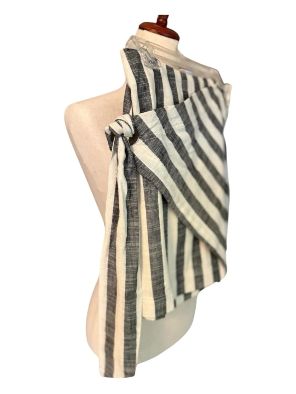 By Together Charcoal & White Striped Wrap Mini Skirt. Linen Blend - Picture 2 of 3
